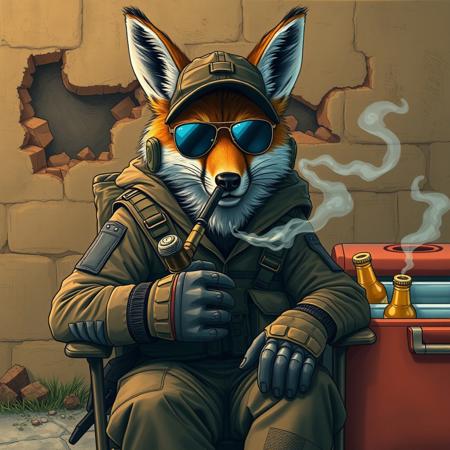 humanoid fox in brown camouflage clothing and body armor sitting in camp chair and smoking pipe, tactical baseball cap, lots of steam, aviator sunglasses, camping cooler with beer nearby, medium shot, full face, looking at camera, unrealistic, drawing, destroyed wall behind, normal size head, best quality, masterpiece, high detail