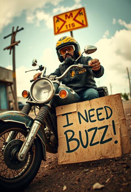 ”(masterpiece, intricate:1.3), (best quality, hires textures, high detail:1.2), golden theme, lora:Starry_Morph:1 starry_morph, Ramirez Gonzalo and his chopper, rotten aesthetics, comically exaggerated with a fisheye lens effect (12mm), very high resolution, decayed cardboard sign reading ‘I NEED BUZZ!’ placed near the scene, weathered textures, humorous yet gritty atmosphere, cinematic composition.”