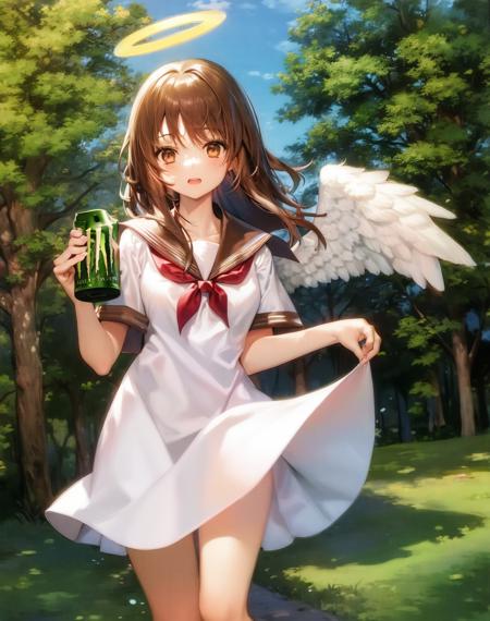 1girl, angel wings, brown eyes, brown hair, haibane renmei, halo, rakka, sailor collar, school uniform,  holding (monster energy:1.1) <lora:my_LoRA_rakka_v2:0.5>