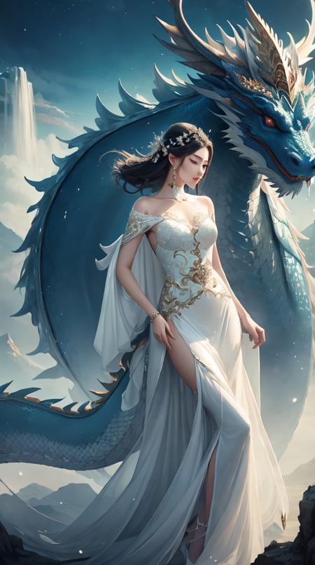 In a captivating image, an elegant woman clad in a white Chinese gown glides through the sky atop a mythical Chinese dragon. As they traverse the heavens, her flowing gown and the dragon's iridescent scales create a mesmerizing vision of harmony and otherworldly beauty. hdr, (photorealism, masterpiece quality, best quality),