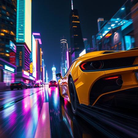 A cinematic close view shot of the exotic sport car speeding down a neon-lit street at night, reflecting the bright, colorful lights from surrounding skyscrapers, with rain-slicked roads creating a mirror effect of the car’s sleek yelow body. The glowing cyberpunk city skyline in the background enhances the futuristic vibe of this intense race scene.