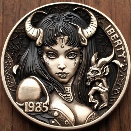 coin carving of sexy succubus goth girl, bangs, beautiful eyes, cnl coin, cnl texture <lora:Cnl-XL-V1:0.75>