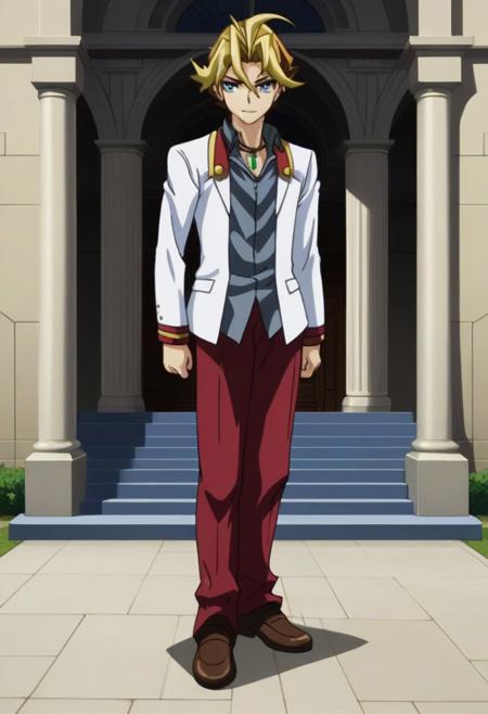 Sylvio Sawatari brown and yellow hair gray-blue eyes necklace, gray polo shirt, white blazer, red pants, brown shoes