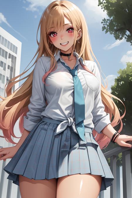 KitagawaSU1, 1girl, solo, long hair, bangs, blonde hair, red eyes, smile, choker, looking at viewer, jewerly, earrings, black choker, piercing, ear piercing, shirt, school uniform, blush, grin, cowboy shot, skirt,( white shirt:1.2), (white clothes:1.2), pleated skirt, blue skirt, necktie, multicolored hair, collared shirt,plaid, plaid skit, big breasts, blue necktie, tied shirt, long sleeves, eyelashes, tetth, standing,   bracelet, hourglass body,  (from below:1.2), 
outdoors, day, sky, clouds, buildings, trees, bushes, <lora:KitagawaMR1-10 (1):0.8>, 
BREAK
masterpiece, best quality, highly detailed background, perfect lightingbest quality, ((shiny skin, glossy skin, detailed skin))