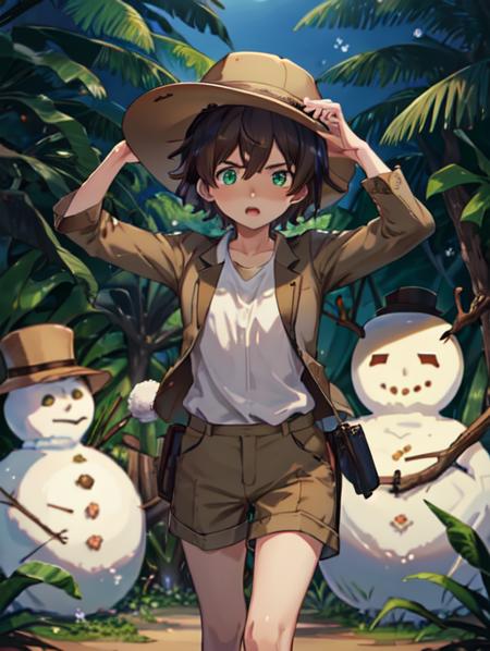 best quality, masterpiece, highres, detailed, perfect anatomy,  <lora:Detail - add_detail:0.2>,  brown jacket, white dress shirt, brown shorts, brown hat, JungleExpCh, jungle, <lyco:Change - JungleExp:0.8>, 1boy, HimiTomoki, <lora:Character - HimiTomoki:0.6>, green eyes, brown hair, scared, snowman, short hair,