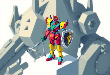 Stylized graphic illustration in Grammer Effect and Splash Ink styles, focusing on a Cyber Angel Natasha robot as the main subject. The robot, a complex and vibrant entity of red, blue, green, and yellow, is positioned centrally, standing on a white surface. It holds a sword in its right hand and a shield in its left, depicted with graphic boldness. A crown is clearly visible on its head. The background features the geometric and complex shapes of Fortissimo the Mobile Fortress, rendered with a unique Houdini-style approach, creating a striking and attractive contrast. The composition is isometric and impeccable, with a creative angle and intentional focus on the robot. The colors are stunning and harmonious, presented in a multi-colored, contemporary aesthetic. The overall piece is high-quality and trending on ArtstationHQ, utilizing the Golden Ratio for visual balance. No discernible texts or other objects are included, allowing the focus to remain solely on the stylized robot and its dramatic background.