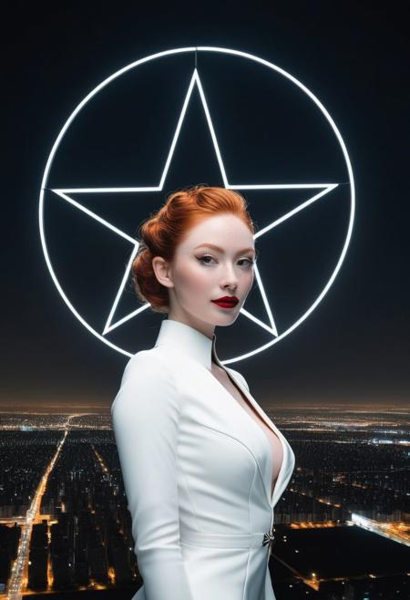 In center held in her hand: a black circle in bold lines intersected by a thick pentagram, five pointed star, symmetrical,
In the background: ((An enormous city sprawl with a city skyline reaching for the stars,
Aleph Tower, centre for the AI that rules the Human civilization, in a glittering city of glass and shining metal,
   bright sunlight under a pitch black sky.
twice five miles of urban sprawl,
in the front a mysterious woman, slick suit, white top with thin shoulder straps, reminiscent of old pin up models,( full body portrait:1.5), petite body, secretive face, long ginger hair, flowing curls, pale skin, blushing, Freckles, red lipstick, slight smile, red shawl, proud)),  
Photographer Reuben Wu Style