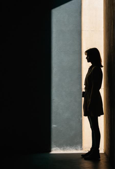 shadow play of  woman posing, long shadows, bright wall breakthrough  in dark underpass, spotlight, looking over shoulder,   (cinematic),  (film grain)  <lora:add-detail-xl:0.4>
