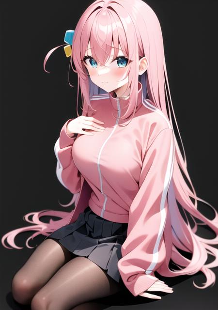 <lora:gotou:0.8>, gotou_hitori, 1girl, solo, long hair, breasts, looking at viewer, blush, bangs, blue eyes, skirt, large breasts, simple background, hair ornament, long sleeves, hair between eyes, sitting, closed mouth, jacket, pink hair, pantyhose, pleated skirt, black skirt, black pantyhose, one side up, hand on own chest, black background, grey skirt, track jacket, pink jacket, cube hair ornament