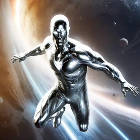 concept art of  <lora:comic book magazine:1>  
silver surfer a man in a silver suit with white eyes running through space comic book magazine style, digital artwork, illustrative, painterly, matte painting, highly detailed