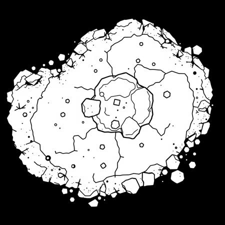 a overhead view of a piece of flat dirt, in a black and white lineart style as a tile from a video game tileset, viewed directly from overhead, flat 2D minimalist style, black and white monochrome color pallete, (stylized 2D, vector art), (sqaure 2D tile design), (solid colors, thick-linework), white outline, black background, HDR, UHD, overall design is square, minimalist,