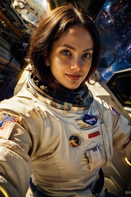 ((Portrait of an astronaut girl))0((night sky, in the space, Giant planet in the background0Cosmic Light0Inside the spaceship):1.3), (Short straight hair), Shining Aqua Eyes, longeyelashes, lightsmile, ((Thin and well-fitting spacesuit)), Carl Larsson, Realism, Dutch Golden Age painting, Verism, depth of fields, Cinematic lighting, reflective light, (shadings:0.9)0wide angles, Lens Flare, masutepiece, Textured skin, Super Detail, Best Quality, Detailed fabric texture0upper Shot,oil painting, braless, covered nipples