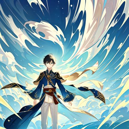 <lora:GenshinSplash-V3:1> splash screen, swirling background, dynamic scene, 1boy, male, young mage, (face, wide-eyed:1.5), elegant ornate robe, magic, fantasy, teal, light green, (clear sky, wind, clouds:1.3)