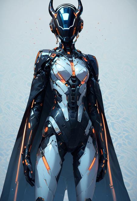 score_9, score_8_up, score_7_up, score_6_up, score_5_up, score_4_up, best quality, mcnm, zzCitronLegacy, robot girl, noface, solo, devil-horn parts, glowing black visor, neon Rubber body, white space_suit,( black cape:1.2), standing, legs apart, mix of colors psychedelic art background, Complicated background,  light color background,