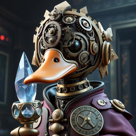 Clockwork construct of duck with face made up of intricate clockwork gears of intricate ever-changing geometric patterns, wearing arcane robes with time-related symbols, holding a crystalline time-warping staff, realistic render, Dungeons and Dragons, Fantasy, octane render, zbrush. Character design, photorealistic, unreal engine, hyper-detailed, concept art, trending on art station. ((best quality)), ((masterpiece)), ((realistic)), (detailed), close up portrait, steampunk duck, holding a crystalline time-warping staff, looking at the viewer, Fantasy art, stunning gradient colors, no watermark signature, closed mouth, detailed background, high fantasy secret cloning lab, cloning vat chamber, dark and mysterious cloning vat chamber, closed mouth, insanely detailed, , ((masterpiece)), absurdres, HDR,DonMSt34mPXL