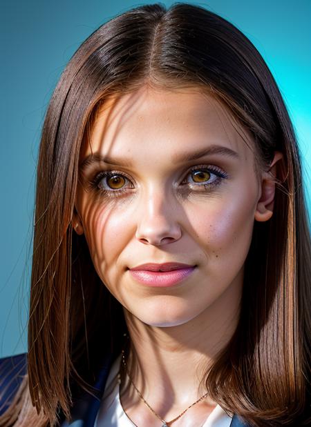 portrait of skswoman, coy , wearing business attire , with Straight hair , background jungle epic (photo, studio lighting, hard light, sony a7, 50 mm, matte skin, pores, colors, hyperdetailed, hyperrealistic), <lyco:Millie Bobby Brown:1.2>