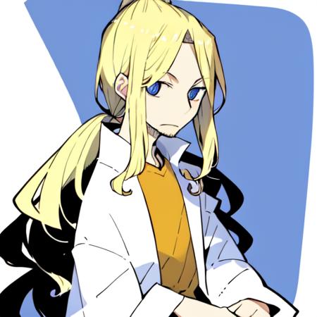 dowman sayman,   <lora:dowman_sayman_lora-30:1>, (1boy), blonde hair, (straight hair), blue eyes, white bathrobe, pointed nose, short beard, hair back, male focus, long hair, ponytail, solo