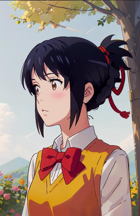 <lora:miyamizu_mitsuha:0.75>,miyamizu_mitsuha,1 girl,solo,(upper body),(shy),(blush:1.2),red bowtie,yellow school uniform, white shirt, outdoors,(light rays:1.2),(sun:1.2),(blue sky:1.1), park,flowers,lawn,trees,