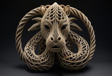 A detailed creature sculpture crafted by twisting and (hemp rope:1.5) to mimic the creature's unique shape, pure black background