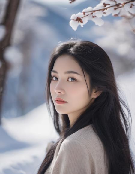 Depth of field, blurring,(Asian:0.1),raw photo,woman,black hair,black eyes,Beautiful detail eyes,chilly nature documentary film photography,snow mountain environment,(natural light:1.2),a clear face,minor acne,(high resolution detail of human skin texture:1.4,rough skin:1.2),(portrait, :1.8),(indirect lighting),(sun),