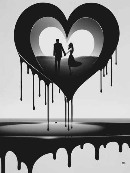 <lyco:DrippingArt:1.0> Create a black and white image that represents love, with a unique dripping paint effect. The image could feature a heart or another symbol of love, with the dripping paint effect adding an artistic and captivating touch to the image. The monochromatic color scheme should evoke a sense of depth and emotion, highlighting the essence of love