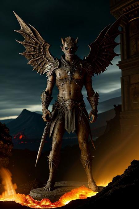 a (Demon Undead) with large wings and horns BREAK
wearing revealing heavy armor BREAK
outside a destroyed castle with lava on its walls and statues with rubble, burning lands with lightning BREAK
CHSNGN, ultra realistic, lens flare, skin pores, intricate details, very detailed face