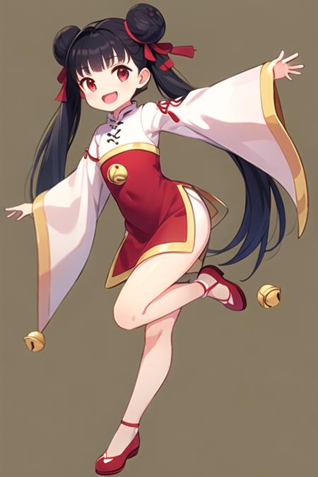 <lora:meiling_scc:0.7> masterpiece, best quality, 1girl, solo, long hair, looking at viewer, smile, open mouth, bangs, simple background, red eyes, long sleeves, dress, ribbon, twintails, full body, hair ribbon, shoes, wide sleeves, hair bun, red ribbon, bell, double bun, chinese clothes, leg up, standing on one leg, outstretched arms, red footwear, jingle bell, yellow background