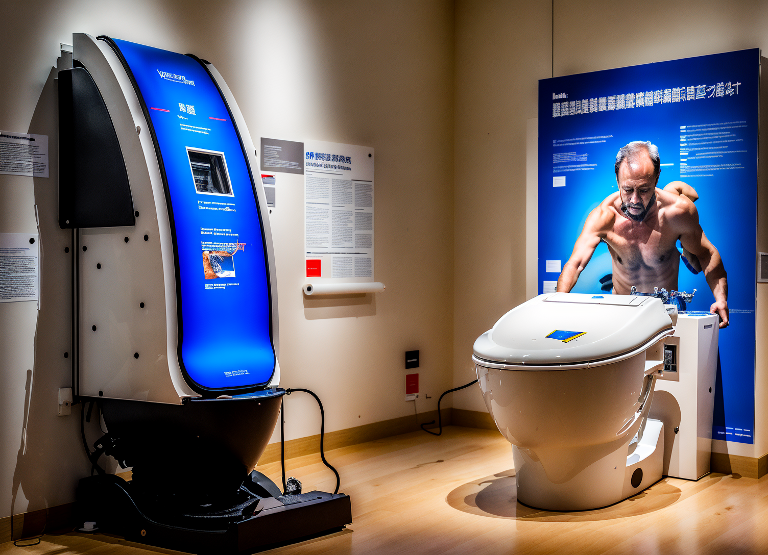(photo:1.2) of a museum display showcasing a machine that vacuums the shit out of you on the toilet to solve constipation