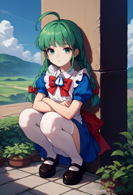 me-tan, ahoge, twin braids blue dress, red bow, white apron, puffy short sleeves, white thighhighs