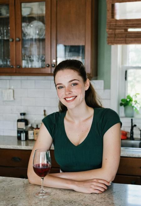 Film photograph taken in a nice suburban kitchen. Liv sits at the counter with a carafe of red line  and a stemless wine glass.
LIV is an Adorable 45 year old woman. long brown hair parted sharply in the center, up in a messy ponytail, flowing down past shoulders. Italian heritage, resembling TYLER, LIV. smooth pale skin with makeup. thin trimmed Penciled eyebrows. thin lips, slight underbite and big chin and chubby cheeks, high cheekbones, rectangular shaped face, thicker neck, wide jaw. Dark cateye eyeliner and a few light freckles. 5 foot 3 inches tall and 200 pounds, thicker neck, full breasts with cleavage, high cheekbones, wide round nose. dark brownish Green eyes, bright smile showing gums. Thigh gap. Soft tummy