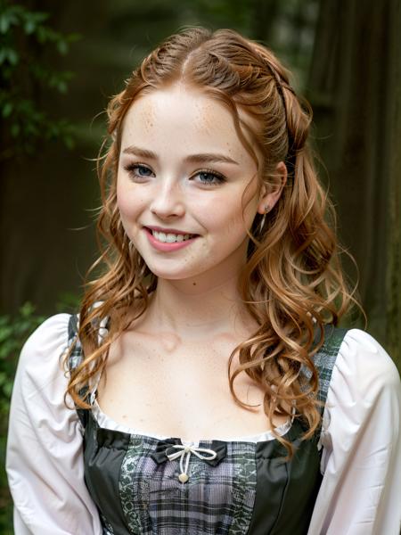 Freya Mavor, (8k, RAW full body photo, highest quality), girl wearing a dirndl dress, (detailed eyes:0.8), cute smile, (highest quality), (best shadow), intricate details, interior, long ponytail, ginger hair:1.3, (ultra detailed skin), freckles, in a dark forest <lora:Freya-Mavor-v10-000005:0.7.0>