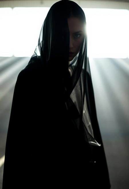 (Soft Lighting Photography by Mimoza Veliu and Mario Giacomelli:1.2), NSFW, Shards of Light, A model shrouded in stark, structured attire—blacks, whites, and flashes of silver, like shards catching light in an abstract landscape. The look is minimalist but provocative, her gaze direct yet softened by shadows that fall in rhythmic patterns across her face. In the background, soft beams of light fall like glass, casting an ethereal quality to the scene. Her presence is magnetic, a blend of fragility and defiance, embodying both the future and the present.sexy
