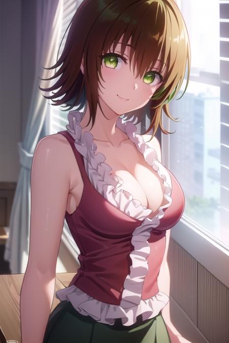 ryoukomikado, <lora:ryouko mikado darkness-lora-nochekaiser:1>,
ryouko mikado, short hair, hair between eyes, (green eyes:1.5), red hair, hair intakes, smile,
BREAK skirt, shirt, thighhighs, cleavage, frills, sleeveless, black skirt, sleeveless shirt, pink shirt, frilled shirt,
BREAK indoors, classroom,
BREAK looking at viewer, (cowboy shot:1.5),
BREAK <lyco:GoodHands-beta2:1>, (masterpiece:1.2), best quality, high resolution, unity 8k wallpaper, (illustration:0.8), (beautiful detailed eyes:1.6), extremely detailed face, perfect lighting, extremely detailed CG, (perfect hands, perfect anatomy),