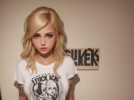 (1girl), medium breasts, tan, dewy skin, sweaty skin, wavy blonde hair, punk tshirt with text "Fuck", punk girl