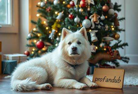 score_9, score_8_up,score_7_up, score_6_up, score_5_up, score_4_up,
best quality, masterpiece, highres, soft lighting,atmospheric lighting, 8K,
,A white fluffy dog by a christmas tree, (((nearby lies sign saying "profandub")))