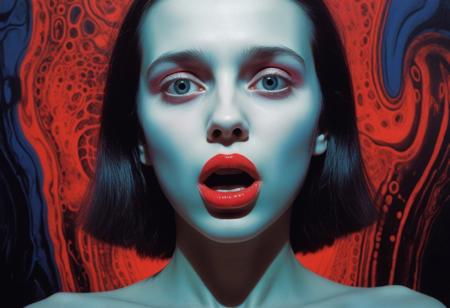 Beautiful cute short very skinny lonely girl, one very lonely girl. Weird hand shoved deep into her mouth, she looking at camera, shock expression, eyes open, Makeup runs down her face, moaning, tears, snot, and sweat. She looks directly into the camera, Inspired by H.R. Giger and Zdzisław Beksiński. Pop art colors and her luminous skin. Bold, graphic shadows twist and writhe around her. Vibrant crimson lips seem to pulse with an otherworldly energy. Deep, ominous darkness surrounds her, punctuated by flashes of bright, surreal color. Haunting charm and eerie feeling emanate from her gaze. pop art colors, bold graphics, Roy Lichtenstein, H.R. Giger, Zdzisław Beksiński, surrealism,