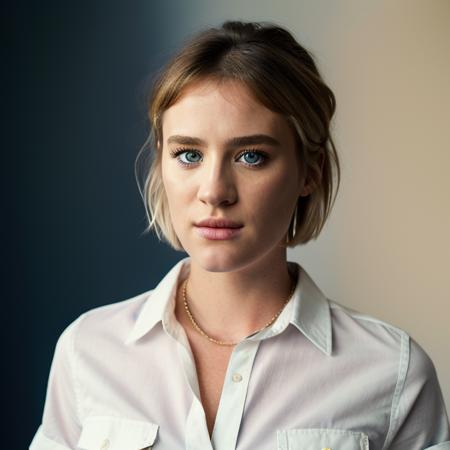 Realistic photo of a beautiful m4ck3nz13d-v1 woman,  1girl, solo, looking at viewer, short hair, blue eyes, blonde hair, simple background, shirt, white shirt, upper body, parted lips, collared shirt, lips, dress shirt, portrait, realistic, soft lighting, professional Photography, Photorealistic, detailed, RAW, analog, sharp focus, 8k, HD, DSLR, high quality, Fujifilm XT3, film grain, award winning, masterpiece<lora:m4ck3nz13d-v1:1.0>