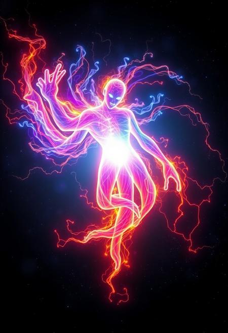 A spectral and incorporeal energy entity, glowing with radiant, pulsating colors. Its form shifts constantly, blending the hues of electric blue, neon violet, and radiant gold, with streaks of fiery red coursing through its swirling, ethereal body. This being exudes an aura of immense power and wisdom, its edges shimmering with fractal-like energy patterns.
A vibrant core of pure white light pulses at its center, casting an otherworldly glow that illuminates the dark void around it. Its presence feels ancient yet futuristic, like an embodiment of cosmic mysteries and untamed forces.
Surrounding the entity are arcs of crackling energy and faint traces of luminous particles, creating a mesmerizing dance of light and shadow. The environment is a vast, shadowy expanse, punctuated by stars and nebula-like swirls of color that reflect its enigmatic essence.