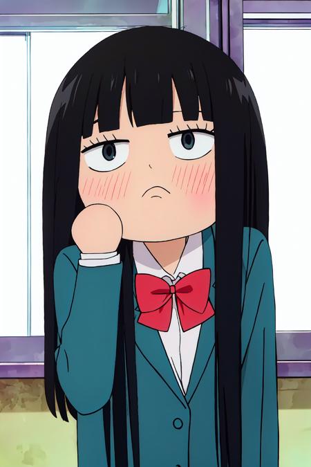 ((best quality)),((highly detailed)),masterpiece,absurdres,detailed face,beautiful face,((detailed eyes, deep eyes)),(1girl),((dynamic pose)), <lora:SawakoV1:1>chibi sawako, 1girl, black hair, solo, long hair, school uniform, blush, bangs, blunt bangs, jacket, black eyes, blazer, bow, red bow, shirt, hime cut, chibi, frown, bowtie, upper body, indoors, closed mouth, long sleeves, window, red bowtie, collared shirt, white shirt, clenched hands, blue jacket