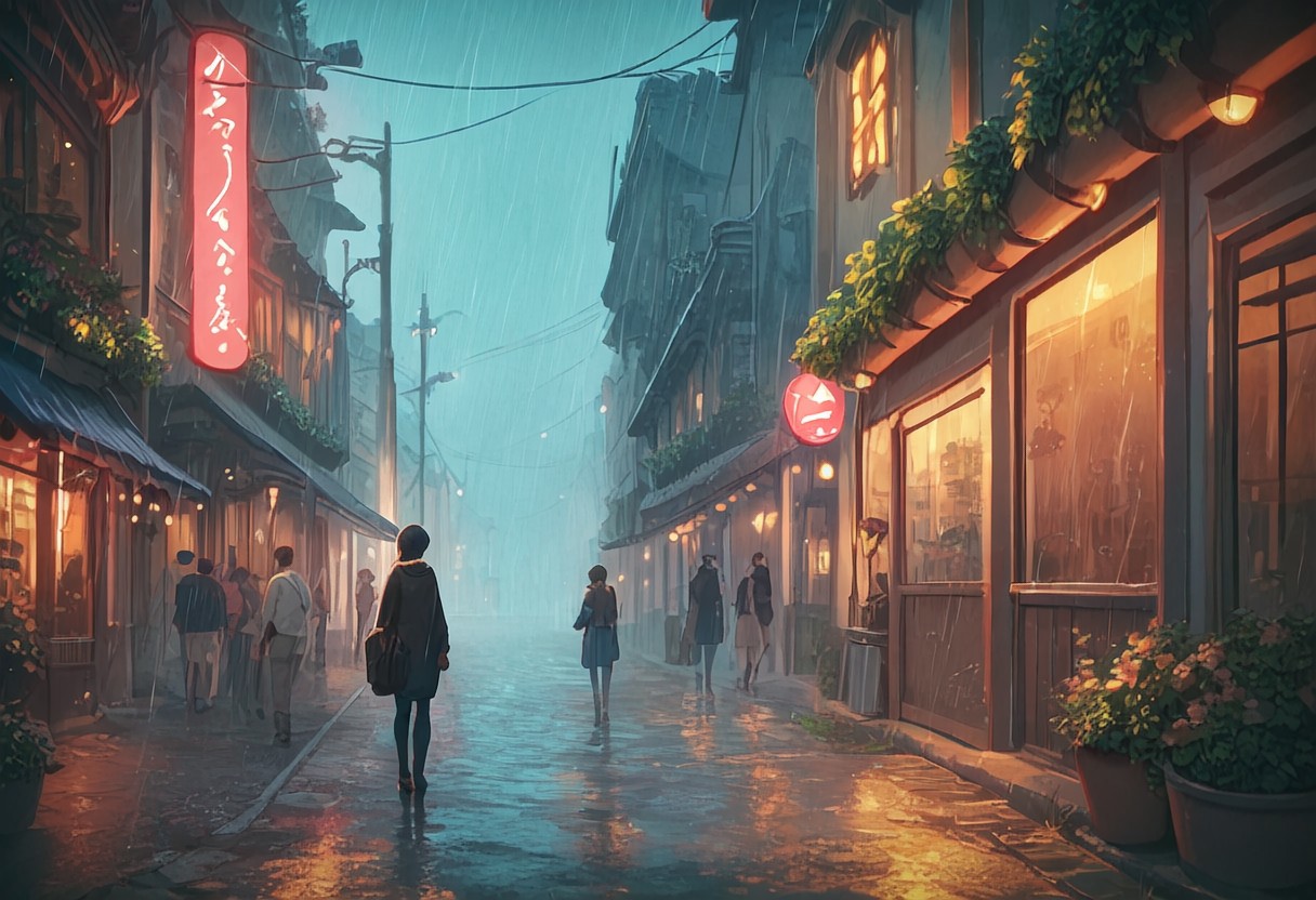 score_9, score_8_up, score_8. score_9, score_8_up, score_7_up, masterpiece, 4k, high quality, (best quality:1.1),anime, beautiful drawing, rainy street, a melancholic nerd looks at the sky with rain mixed with tears and wonders about the future