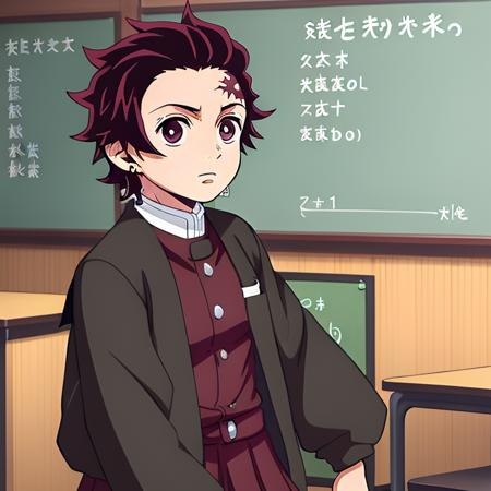 <lora:kamado_tanjirou:0.65> 1 boy,kamado_tanjirou, (wearing school uniform:1.5), casual clothes, classroom