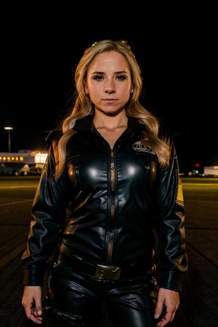 cop costume ,  airfield , dusk  <lora:Sarah_Jane_Honeywell:1> masterpiece,best quality, detailed face, 1girl, solo, sj1873h, blonde_hair