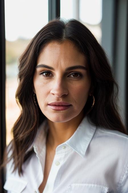 Realistic photo of a beautiful jul14r-v2 woman,   solo, looking at viewer, brown hair, shirt, 1boy, brown eyes, closed mouth, white shirt, upper body, male focus, collared shirt, indoors, lips, window, realistic, soft lighting, professional Photography, Photorealistic, detailed, RAW, analog, sharp focus, 8k, HD, DSLR, high quality, Fujifilm XT3, film grain, award winning, masterpiece<lora:jul14r-v2:1.0>