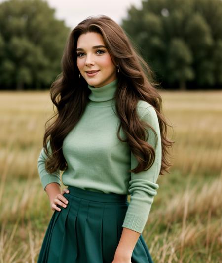 <s7s2pl>, close portrait photo, outdoor nature, long hair, smile, skirt, shirt, standing, teeth, blurry, hand on hip, blurry background, grass, field, Turtleneck