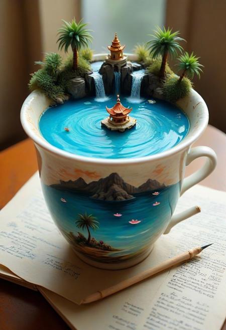 tilt-shift photo of best quality double exposure complex surreal painting on cracked paper, macro, microworld,  hyperdetailed,   insanely detailed, surreal, tiny genie spirit creature, flying oasis landscape placed inside a cup on the table in room. waterfall, lotus flowers,temple palms desert filigree, table cinematic, big eyes 32k, by Rockwell, WLOP Ryniac, Craola, Disney, van Gogh, highly detailed, intricated, intricated pose, high quality, centered, perfect composition.,
<lora:Midjourney_-_SemiReal_Dreams_FLUX_LoRA:1>,<lora:hyper-detail-illustration:1>, Selective focus, miniature effect, blurred background, highly detailed, vibrant, perspective control