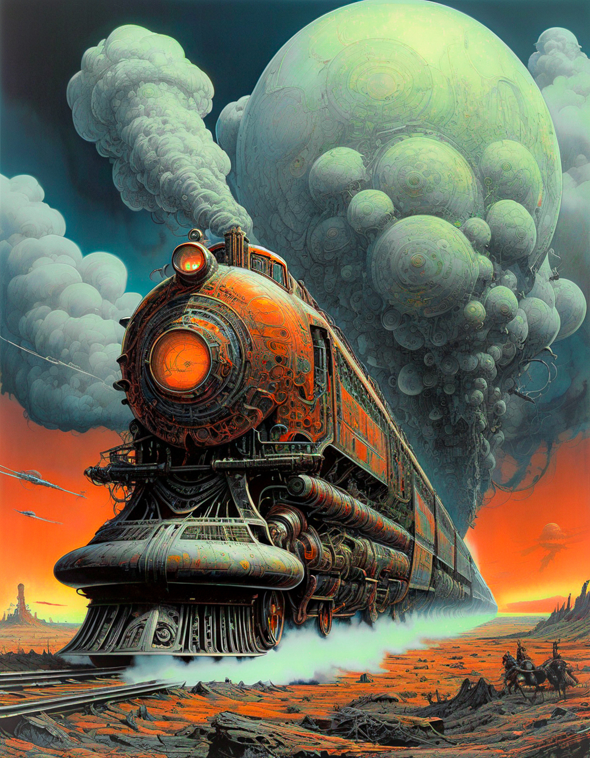 A Steampunk Train with Smoke Coming out of the Stack and a Planet in the Background