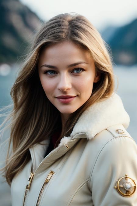 photo of (tabbethell-140:0.99), a beautiful woman, perfect blonde hair, (smiling), (modern photo, Golden Yellow Faux shearling aviator jacket in a cream color with a cozy and vintage-inspired feel), 24mm, (analog, cinematic, film grain:1.3), (ocean:1.2), detailed eyes, (seductive pose), (epicPhoto), (looking at viewer), jewelry, (cinematic shot:1.3), PA7_Portrait-MCU