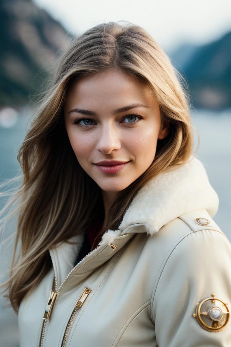 A smiling woman in a tan jacket with blue eyes.