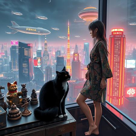 black cat with a white neck and white feet is sits on a cluttered metal riveted desk next to a maneki neko statue and small bronze buddha, the cat is looking out to a floor to ceiling window that looks out over a futuristic cyberpunk Tokyo skyline with skyscrapers and futuristic airships covered with lights and advertisements in Japanese, a tall thin beautiful young woman, 22 years old, is standing next to the cat looking out at the city through the window, The woman is dressed in an ornate short japanese style bath robe, exposing her long legs.  The woman's hair is messy from just waking up. Artistic cyberpunk, dynamic perspective,
