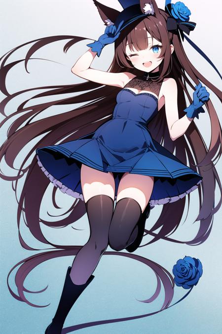 1girl, solo, gloves, one eye closed, long hair, animal ears, blue headwear, hat, white background, blue gloves, blue eyes, full body, thighhighs, simple background, dress, flower, bangs, tail, smile, open mouth, very long hair, cane, looking at viewer, standing, blue dress, ;d, asymmetrical gloves, rose, arm up, boots, brown hair, blunt bangs, blue flower, standing on one leg, sleeveless, frills, black gloves, blue rose, holding, blue thighhighs, blush, animal ear fluff, top hat, mismatched gloves, sleeveless dress,  <lora:tenmu_960:0.9>